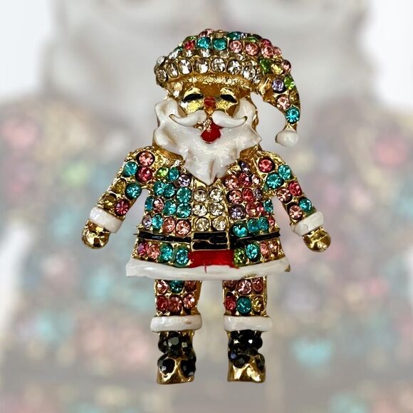 Sparkly Santa Claus Brooch Pin Necklace Pendant, Gold Plated Enamel GREEN - Picture 5 of 8